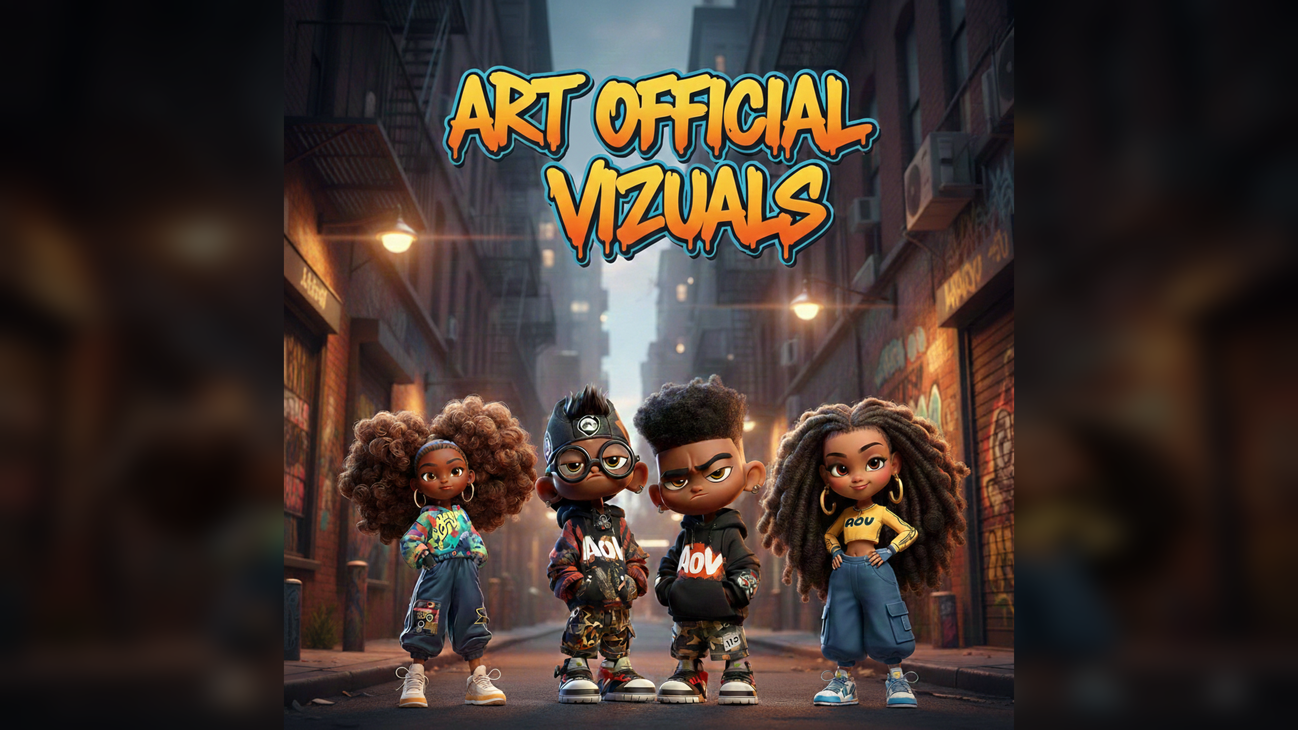 Four animated characters standing on a street with 'Art Official Vizuals' text above.